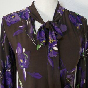 Lauren Ralph Lauren Brown with Purple Floral Pattern Womens Blouse Neck Bow XS